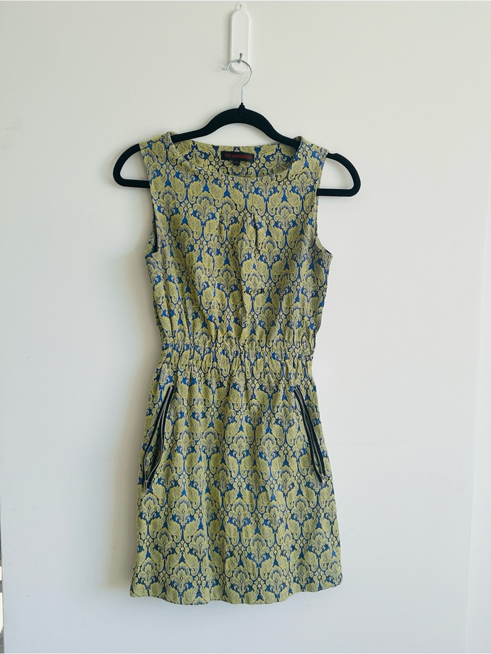SM Wardrobe Blue & Olive Green Jacquard Sleeveless Dress
